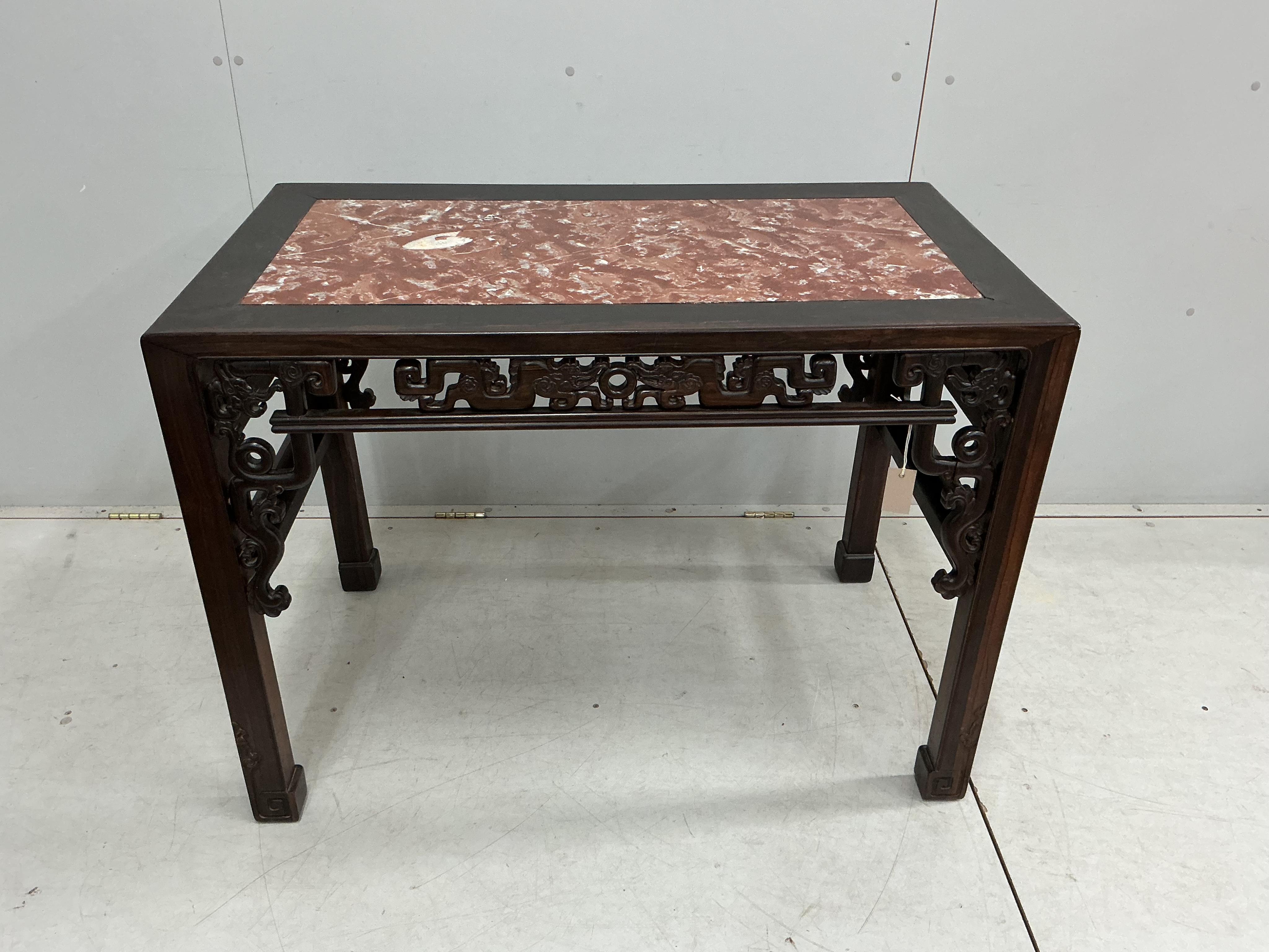 A late 19th / early 20th century Chinese rectangular marble topped hongmu table, width 106cm, depth 60cm, height 76cm